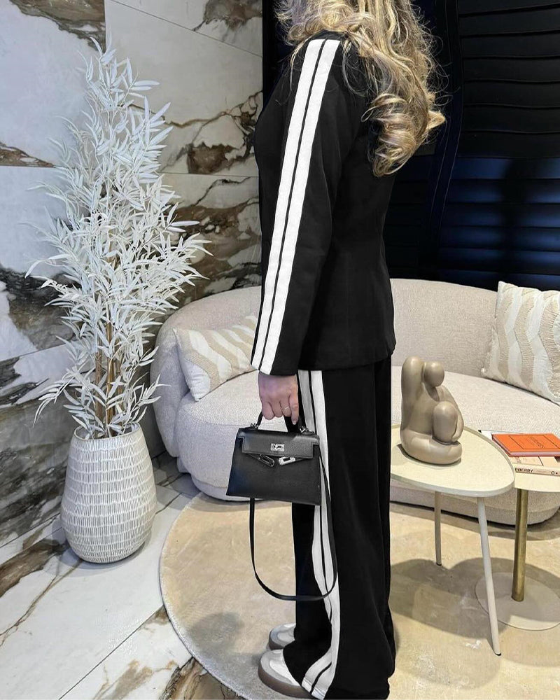 2 Pieces Outfit Notched Collar Single Breasted Pockets Design Coat and Elastic Waist Seam Front Wide Leg Pants Set Casual Contrast Side Striped Blazer Set