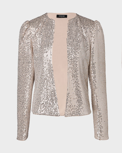 Sparkly Sequin Open Front Puff Sleeve Blazer Coat