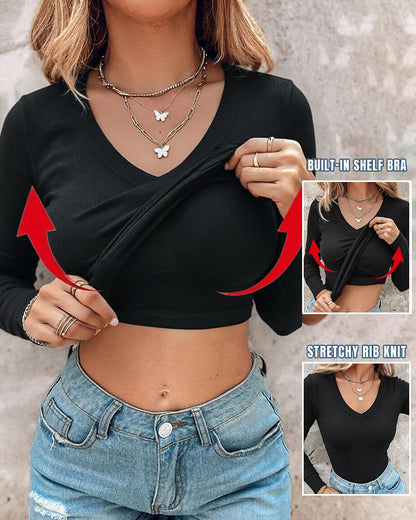Women's V Neck Long Sleeve Ribbed Knit Top Slim Fit Base Layer Shirt Soft Stretchy Casual Tee with Built-in Bra