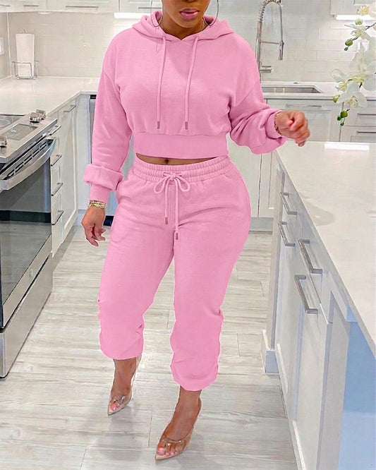 Women's 2 Piece Sweatsuit Set Cropped Drawstring Hoodie and High Waisted Jogger Sweatpants with Pockets