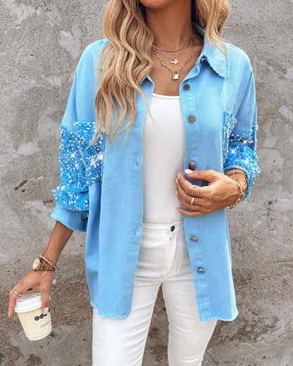 Casual Jacket Sequin Patchwork Long Sleeve Jacket Top Button Front Raw Hem Oversized Denim Shacket
