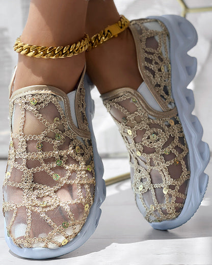 Contrast Sequin Sheer Mesh Patch Breathable Sneakers