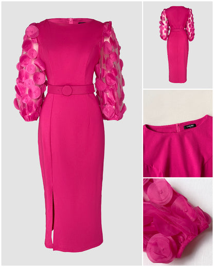 3D Polka Dot Appliques Mesh Lantern Sleeve Zipper Back Slit Work Dress Cinched Waist Slim Fit Mid-Length Dress With Belt