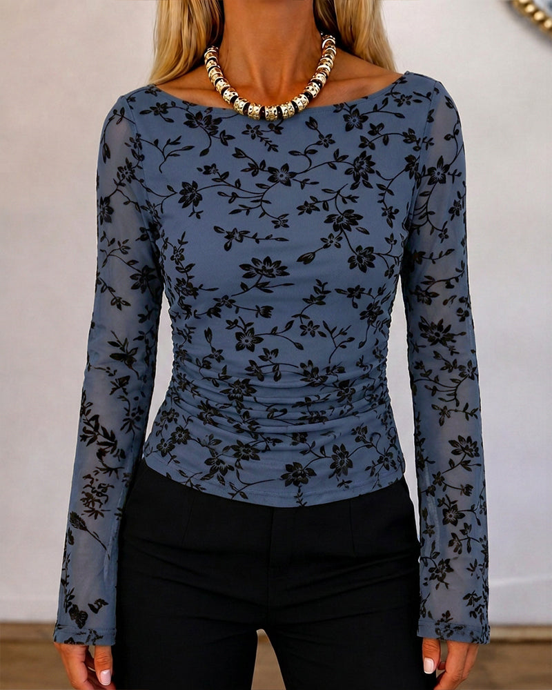 Couture Women's Bell Sleeve Floral Mesh Top