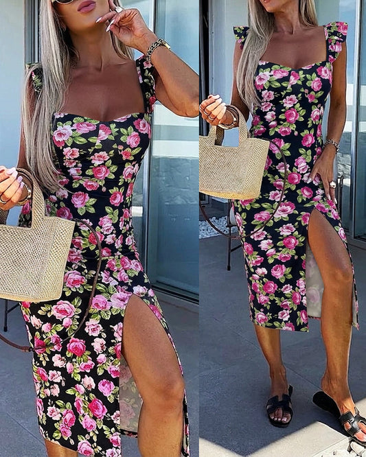 Women's Floral Midi Dress Sweetheart Neck Flutter Sleeve Side Slit Sundress Backless Vacation Dress with Built-In Bra