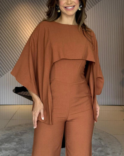 Women's Cape Jumpsuit High Waist Straight Leg Overalls Elegant Evening Jumpsuit with Pockets