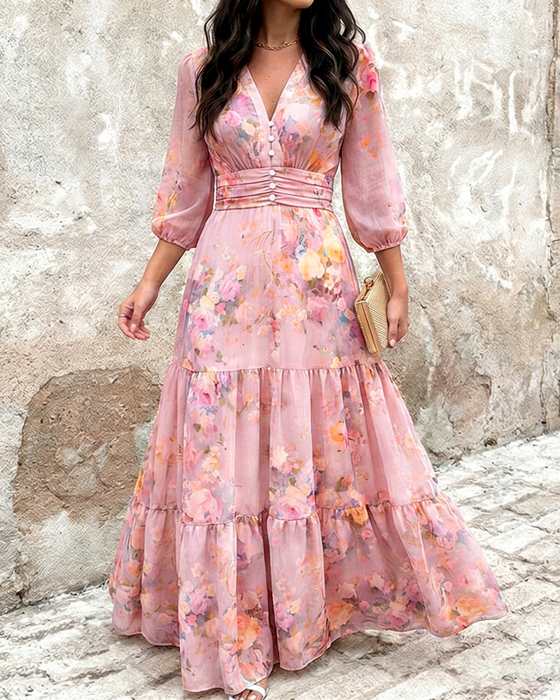 ChicMeLive Women's Watercolor Floral V-Neck Shirred High Waist Maxi Dress Three Quarters Lantern Sleeve A-Line Ruffle Hem Chiffon Vacation Dress