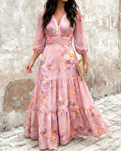 ChicMeLive Women's Watercolor Floral V-Neck Shirred High Waist Maxi Dress Three Quarters Lantern Sleeve A-Line Ruffle Hem Chiffon Vacation Dress