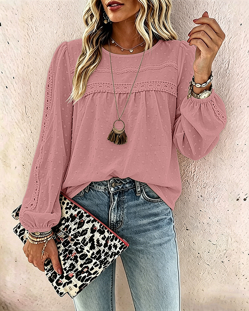 Women's Hollow-Out Lace Spliced Lantern Sleeve Top Elegant 3D Jacquard Chiffon Blouse for Work and Daily Wear