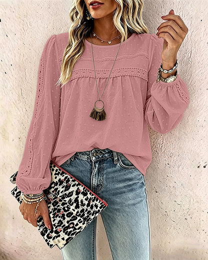 Women's Hollow-Out Lace Spliced Lantern Sleeve Top Elegant 3D Jacquard Chiffon Blouse for Work and Daily Wear