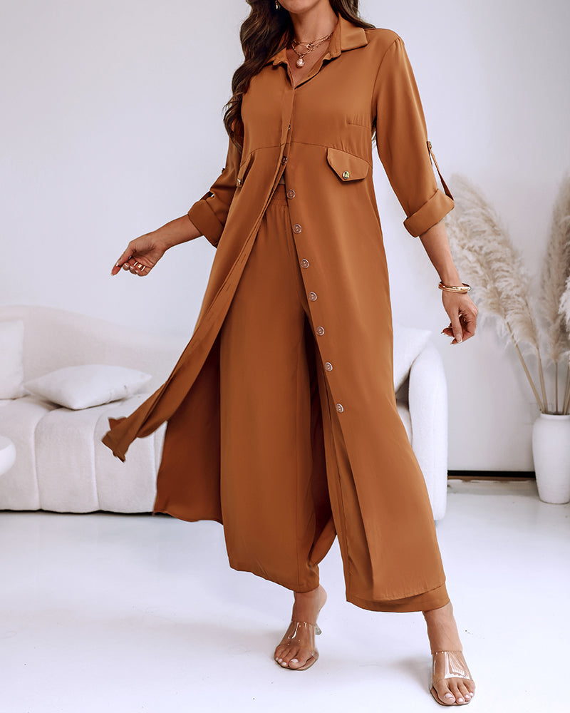2 Pieces Outfit Turn-down Collar Turn-Up Sleeves Button Front Asymmetrical Hem Longline Blouse and Casual Elastic Waist Wide Leg Pants Set