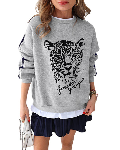 CHICMELIVE Women's Leopard Graphic Sweatshirt Crewneck Stripe Pullover Tops