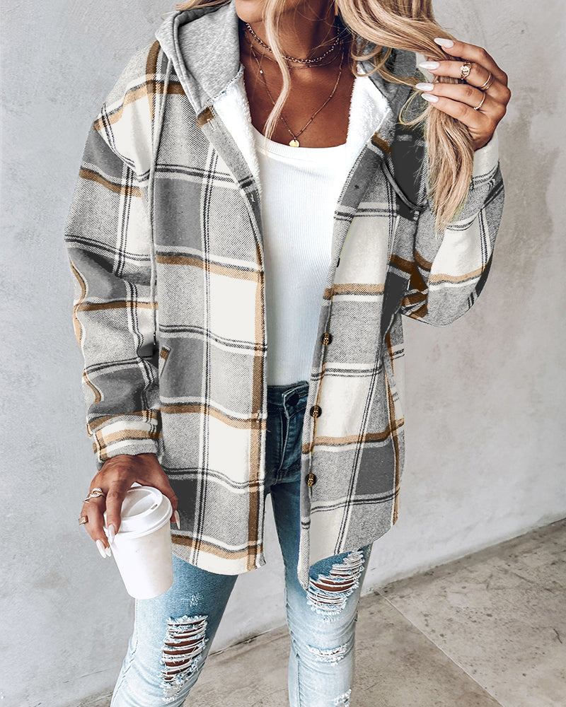 CHICMELIVE Womens Casual Jacket Plaid Hooded Fleece Lined Shacket