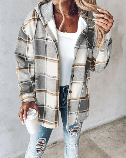CHICMELIVE Womens Casual Jacket Plaid Hooded Fleece Lined Shacket
