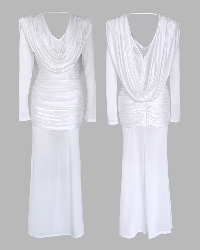 Cowl Neck Ruched Zipper Back Slim Fit Maxi Dress Casual Padded Shoulders Backless Evening Dress