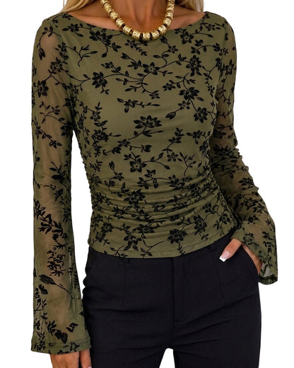Couture Women's Bell Sleeve Floral Mesh Top