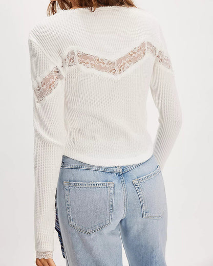 Women's French Style Waffle Knit Cardigan Square Neck Lace Patchwork Top Long Sleeve Button Front Slim Fit Blouse
