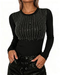 CHICMELIVE Women's Rhinestone Ribbed Knit Top Black Long Sleeve Skinny Top