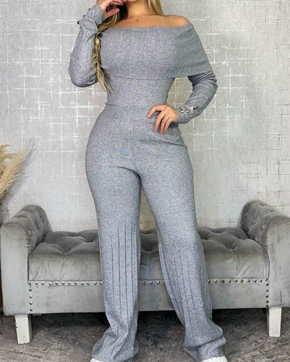 2 Pieces Outfit Button Decor Foldover Off Shoulder Slim Fit Top and Elastic Waist Wide Leg Pants Set Casual Ribbed Set