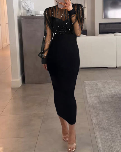 Mock Neck Sheer Mesh Spliced Beaded Bodycon Dress Zipper Back Slit Party Dress