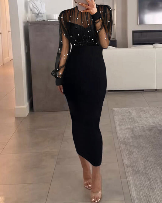 Mock Neck Sheer Mesh Spliced Beaded Bodycon Dress Zipper Back Slit Party Dress