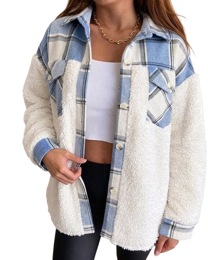 CHICMELIVE Women's Fleece Jacket Plaid Patchwork Sherpa Shacket