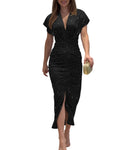 CHICMELIVE Women's Glitter Party Dress Deep V Neck Ruched Bodycon Dress