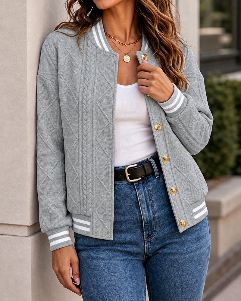 CHICMELIVE Women's Cable Knit Bomber Jacket Casual Button Down Cardigan