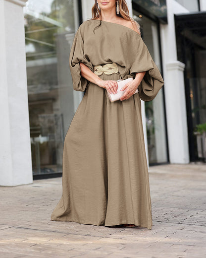 Skew Neck Lantern Sleeve Loose Top & Zipper Fly Wide Leg Pants Set without Belt