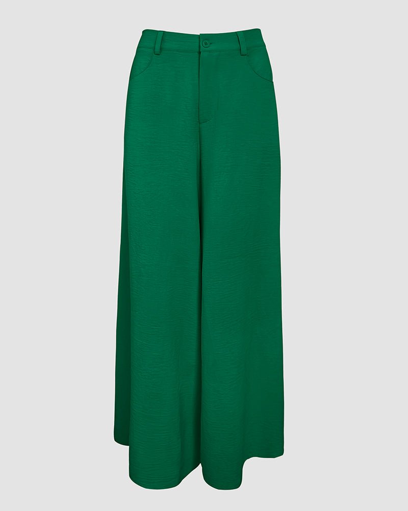 Skew Neck Lantern Sleeve Loose Top & Zipper Fly Wide Leg Pants Set without Belt