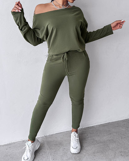 2 Pieces Outfit Long Sleeve Skew Neck Pullover Top and Drawstring Elastic Waist Slim Fit Pants Set
