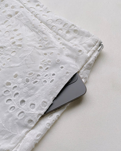 Women's Eyelet Embroidery Two Piece Outfits Stand Collar Button Up Crop Top and High Waist Shorts Set