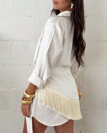 Women's 2 Piece Outfits Fringe Wrap Shirt Set Long Sleeve Button Down Blouse and Tied Tassel Panel Matching Set