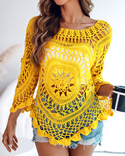 Boat Neck Batwing Sleeve Hollow-out Casual Top Asymmetrical Scallop Hem Crochet Pattern Cover Up