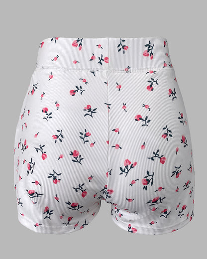 2 Pieces Outfit Ditsy Floral Print U-Neck Tank Top and Elastic Waist Shorts Set Slim Fit Ribbed Set