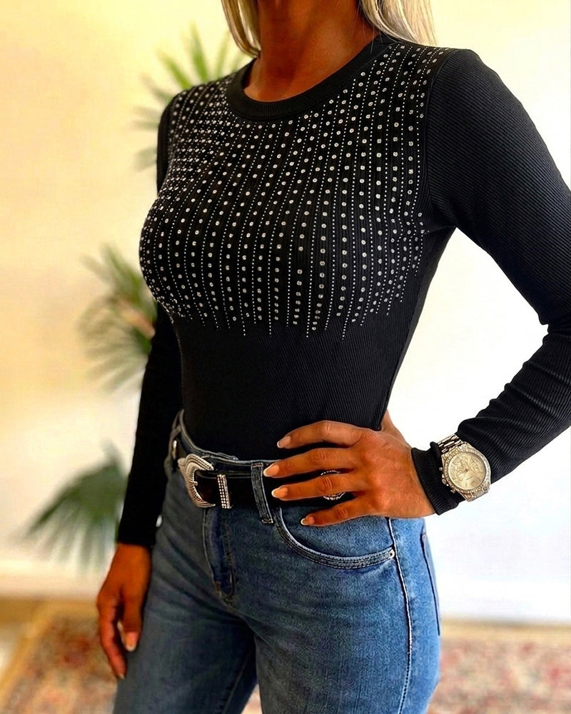 CHICMELIVE Women's Rhinestone Ribbed Knit Top Black Long Sleeve Skinny Top