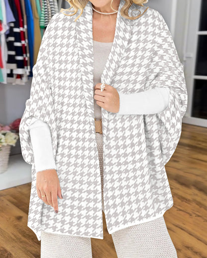 Houndstooth Print Versatile Loose Fit Sweater Coat Casual Warm Cape Shawl