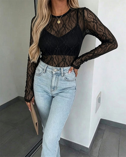 CHICMELIVE Lace Top Sheer Mesh Fitted Shirts for Women with Thumb Holes