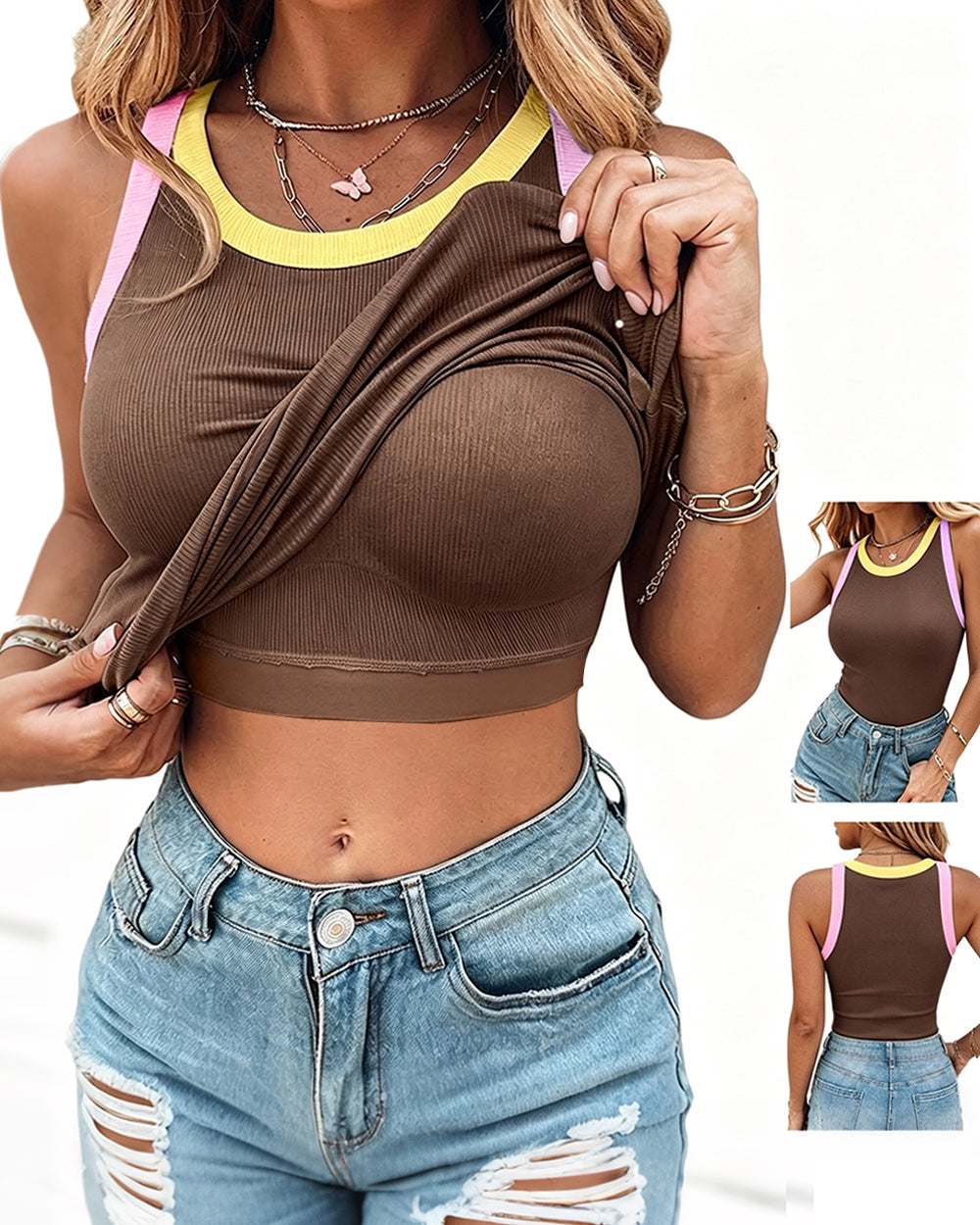CHICMELIVE Womens Sleeveless Ribbed Built in Bra Tank Top-Lighted Blue-X-Large