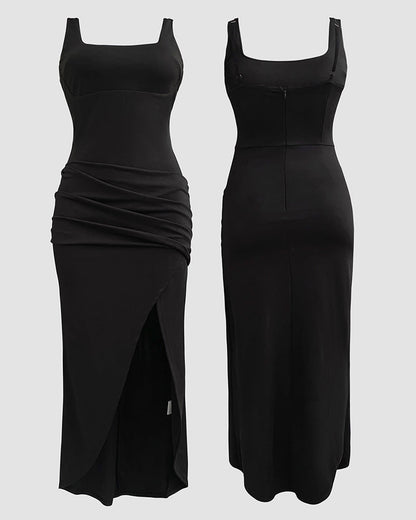 Sexy Square Neck Thick Strap Backless Slit Dress