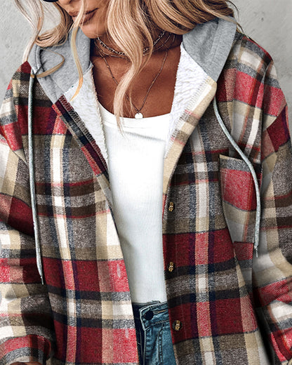 Plaid Print Long Sleeve Button Front Drawstring Hoodie Jacket Casual Pocket Design Thermal Lined Warm Coat