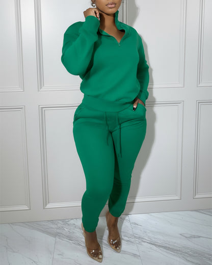 2 Pieces Outfit High Neck Half Zip Drop Shoulder Top and Drawstring Elastic Waist Slim Fit Jogger Pants Set Casual Tracksuit