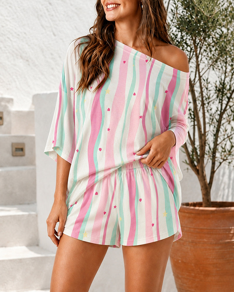 Women's 2 Piece Stripe Heart Star Pajamas Set Convertible Shoulder Loose Half Sleeve Top and Shorts Set Casual Loungewear