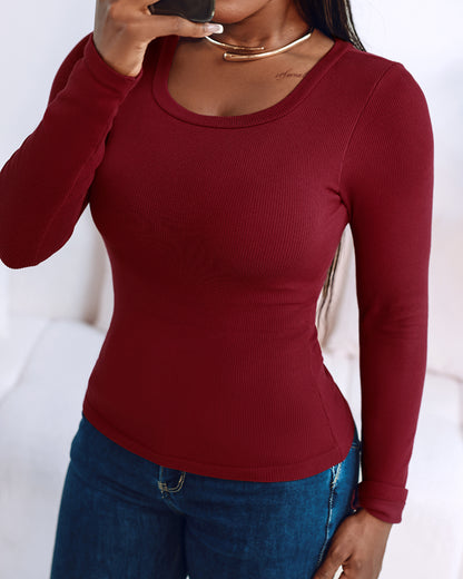 Built In Bra U Neck Tee High Stretchy Knit T-Shirt Long Sleeve Top