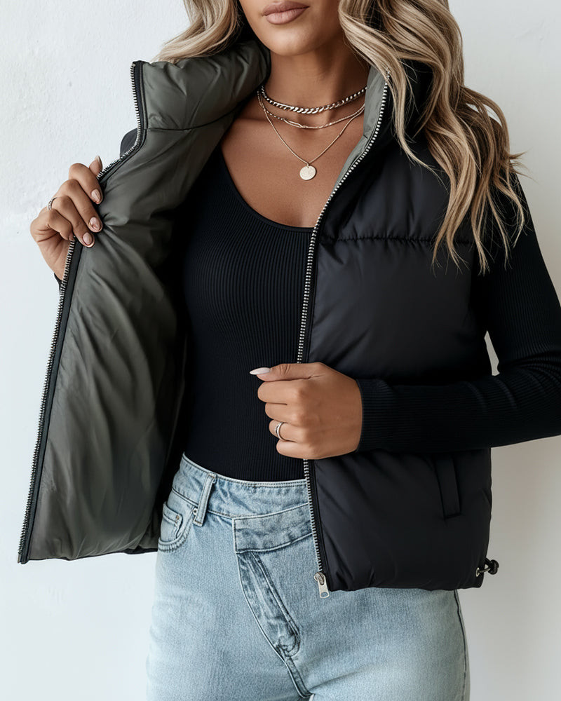 Stand Collar Sleeveless Zip Up Drawstring Hem Vest Casual Two-Way Reversible Ladies Warm Winter Padded Coat