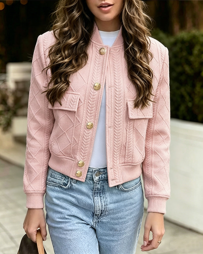 Women's Vintage Argyle Cable Knit Bomber Jacket Elegant Baseball Collar Button Down Cropped Coat with Flap Pockets