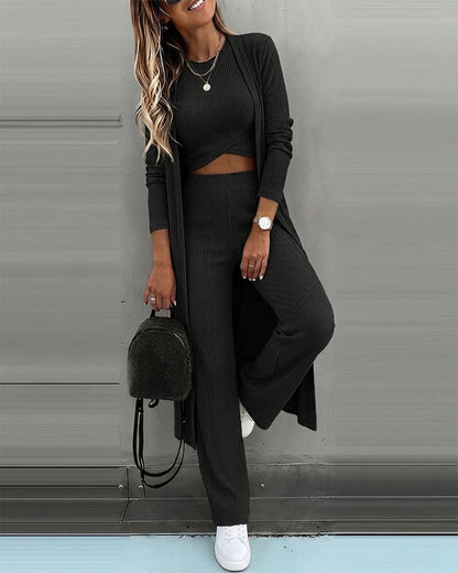 CHICMELIVE Women's 3 Piece Lounge Set Ribbed Cardigan Tank Wide Leg Pant