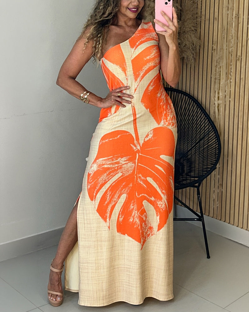 ChicMeLive Women's Tropical Monstera Leaf Print One Shoulder Maxi Dress Side Slit Bodycon Dress with Pockets and Zipper