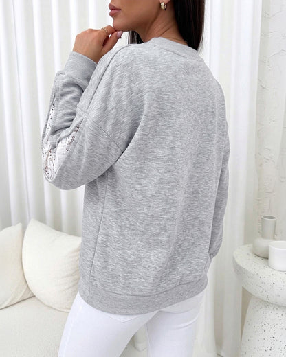 CHICMELIVE Oversized Sweatshirt for Women Lace Sleeve Cutout Fall Pullover
