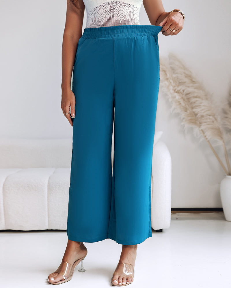 2 Pieces Outfit Turn-down Collar Turn-Up Sleeves Button Front Asymmetrical Hem Longline Blouse and Casual Elastic Waist Wide Leg Pants Set